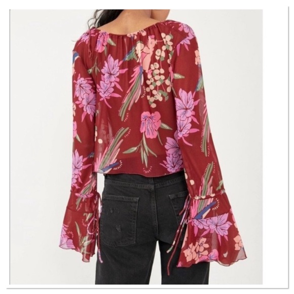 Free People Paradise Floral Print Tie Ruched V-Neck Long Bell Sleeve Top - Picture 4 of 7
